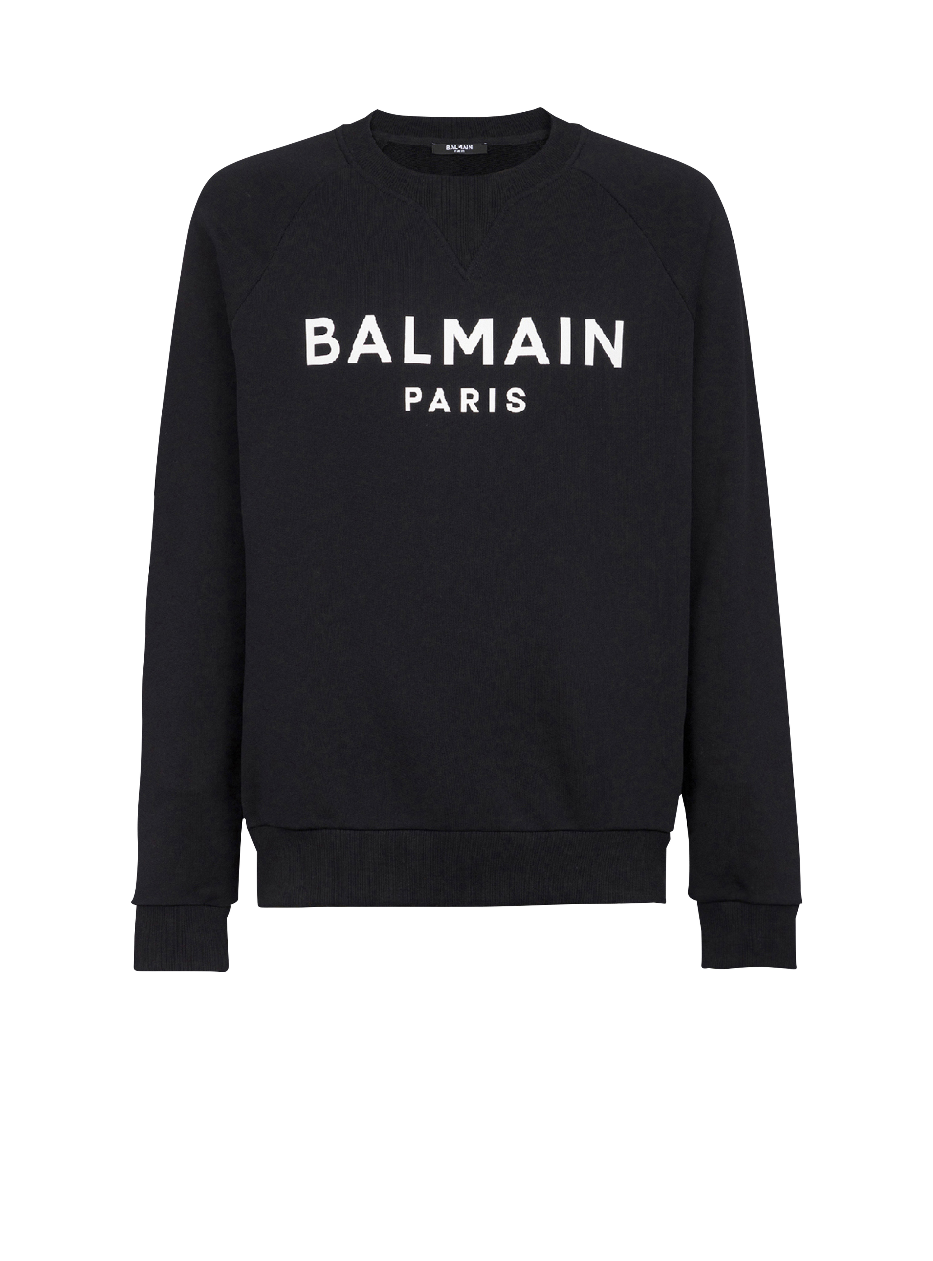Eco-designed cotton sweatshirt with Balmain Paris metallic logo print, black