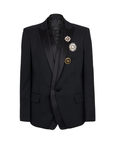 Wool blazer with embroidered badges and satin collar