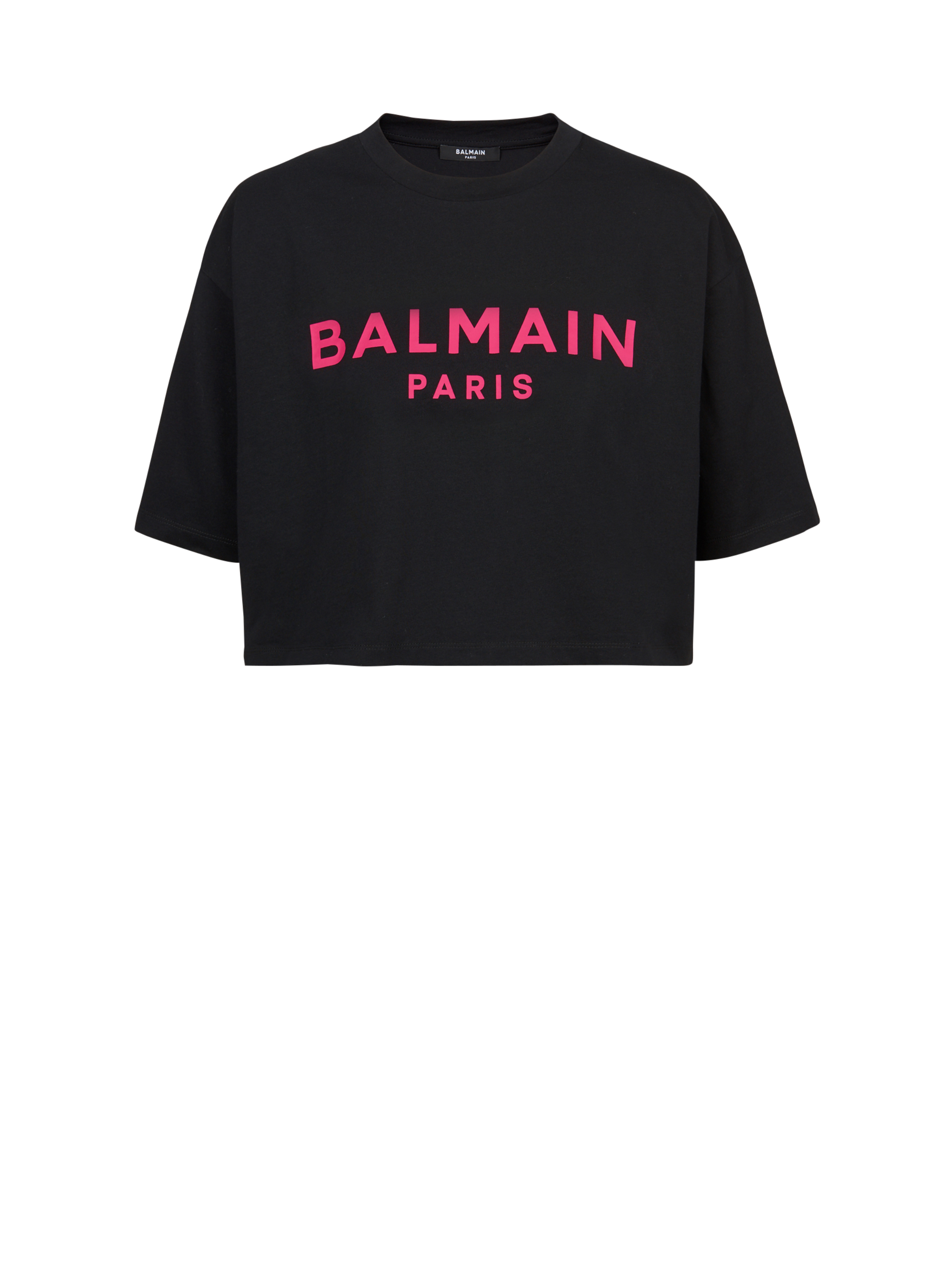 EXCLUSIVE - Cropped cotton T-shirt with Balmain logo print, pink