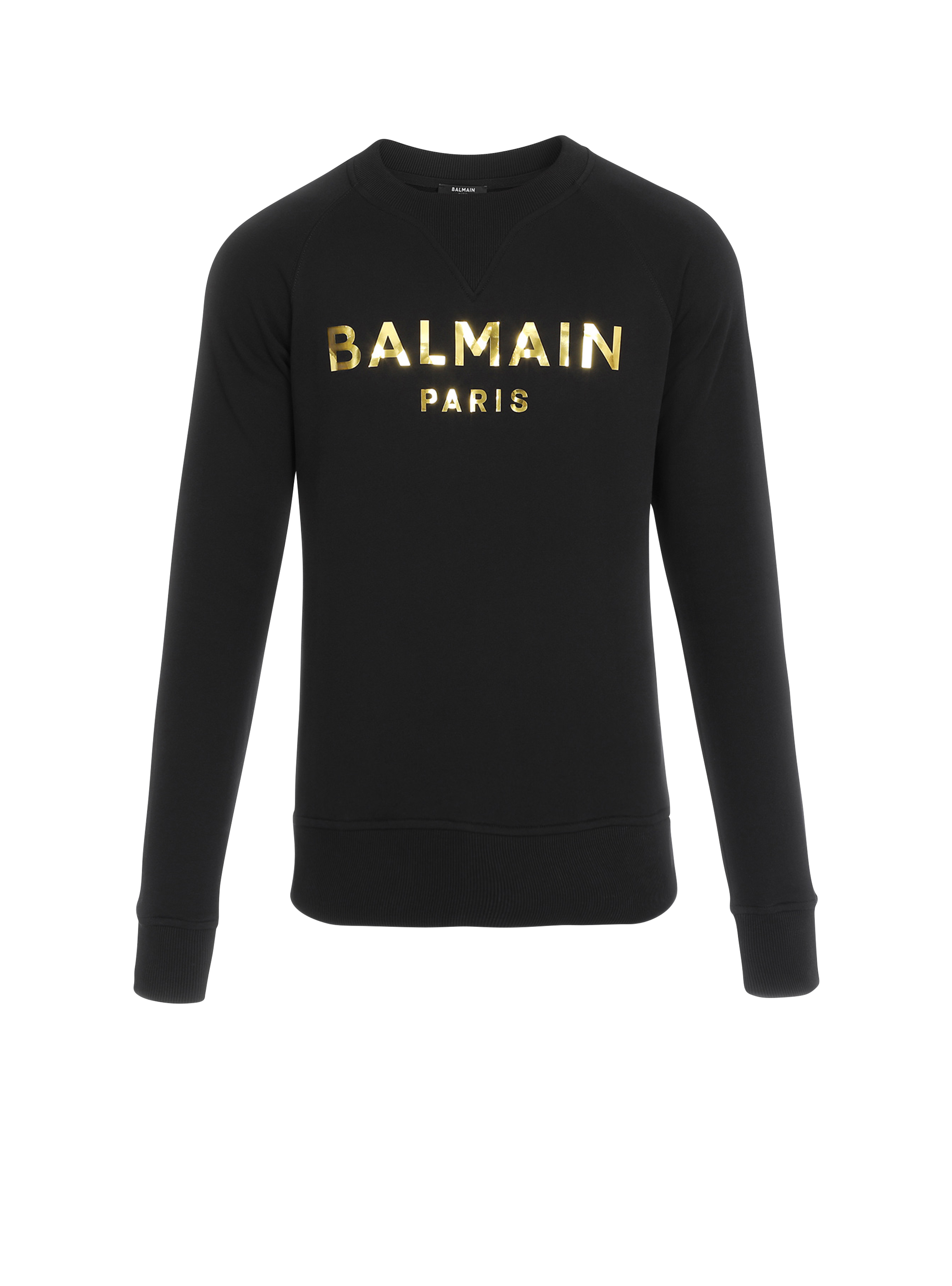 Eco-designed cotton sweatshirt with Balmain Paris logo print, gold